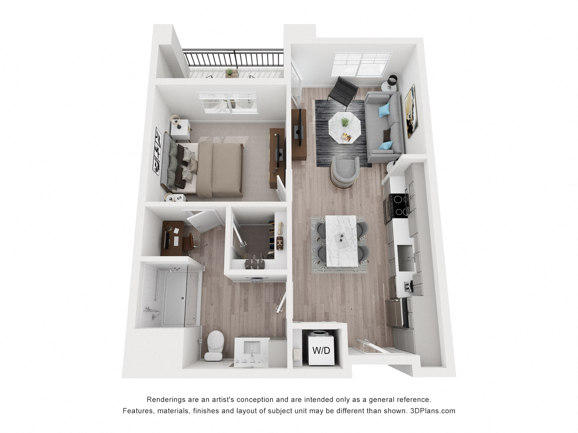 Floor plan for 1 bed, 1 bath, 680 sqft